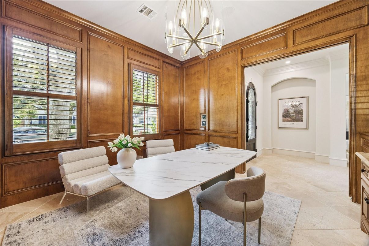 Dining room, Interior, Pendant Lights, Recessed Lighting, Wooden Walls