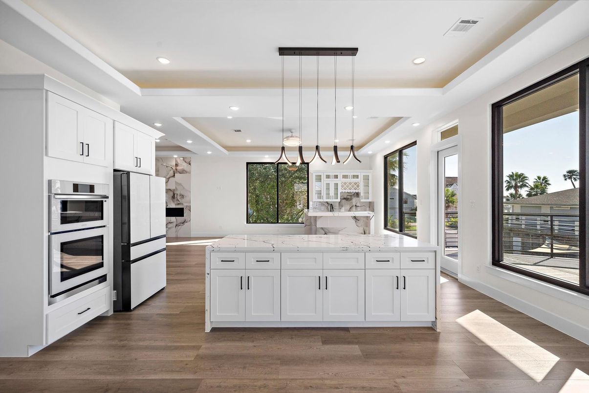 Interior, Kitchen, Pendant Lights, Recessed Lighting, Stainless Steel Appliances, Wood Texture Flooring