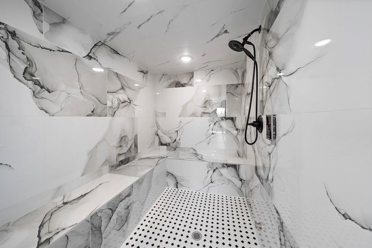 Bathroom, Glass Shower, Interior, Marble Walls, Recessed Lighting