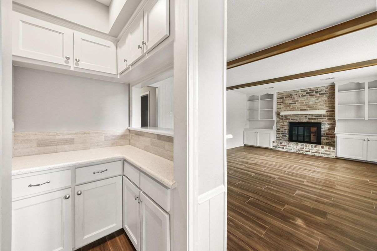 Empty room, Fireplace, Interior, Stone Walls, Wood Texture Flooring