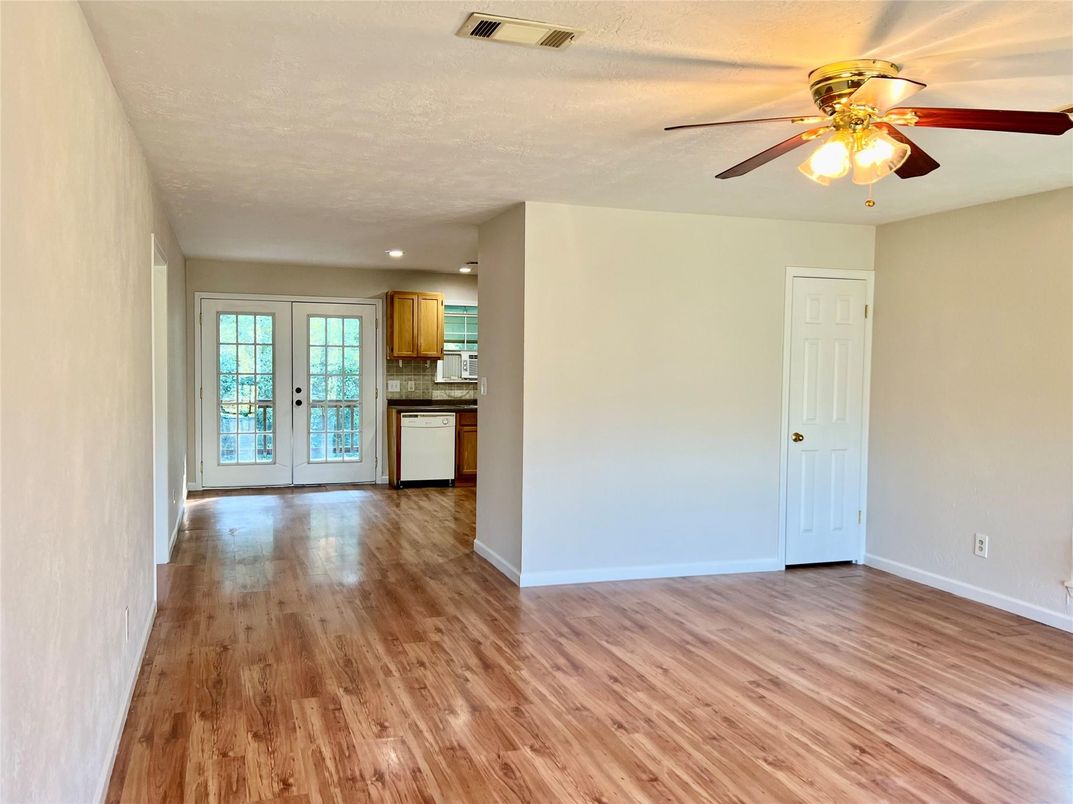 Empty room, Interior, Kitchen, Recessed Lighting, Wood Texture Flooring
