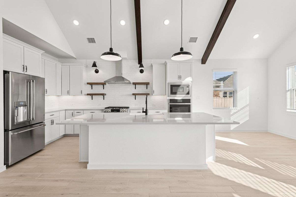 Interior, Kitchen, Pendant Lights, Recessed Lighting, Stainless Steel Appliances, Wooden Beams, Wood Texture Flooring