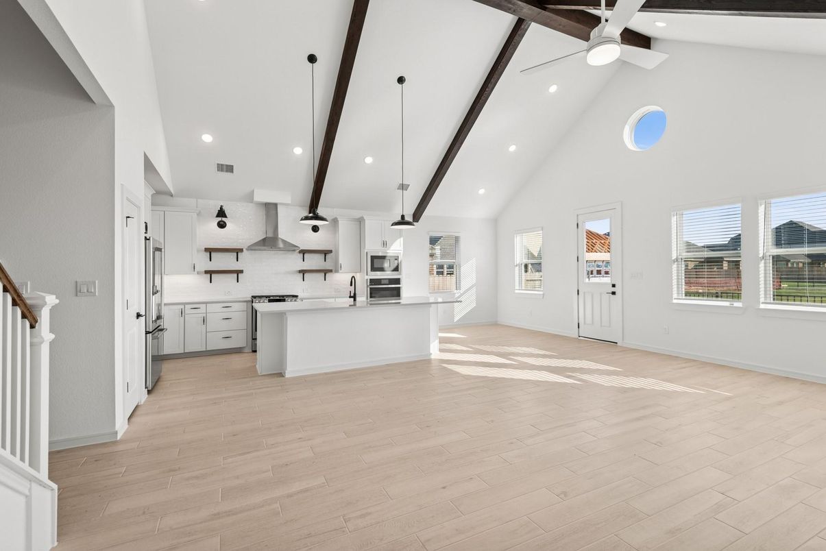 Interior, Kitchen, Pendant Lights, Recessed Lighting, Stainless Steel Appliances, Wooden Beams, Wood Texture Flooring