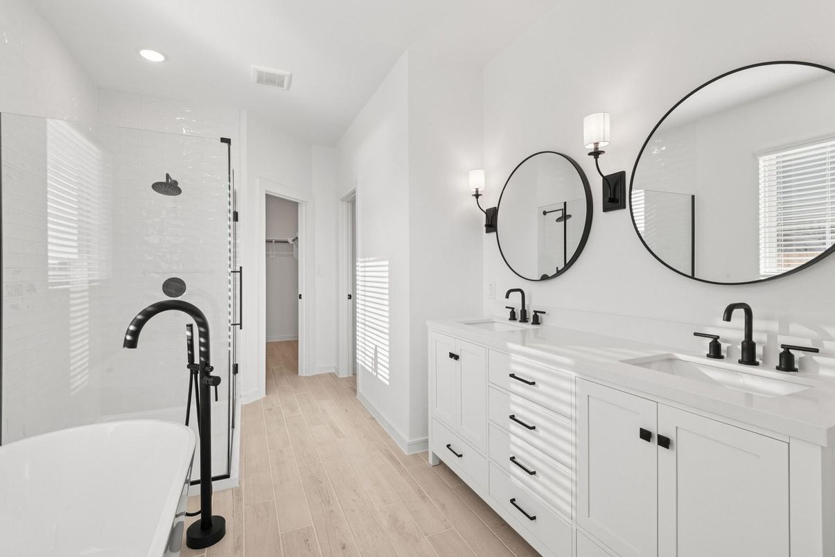 Bathroom, Dual Sink Vanities, Free Standing Baths, Interior, Recessed Lighting, Wood Texture Flooring