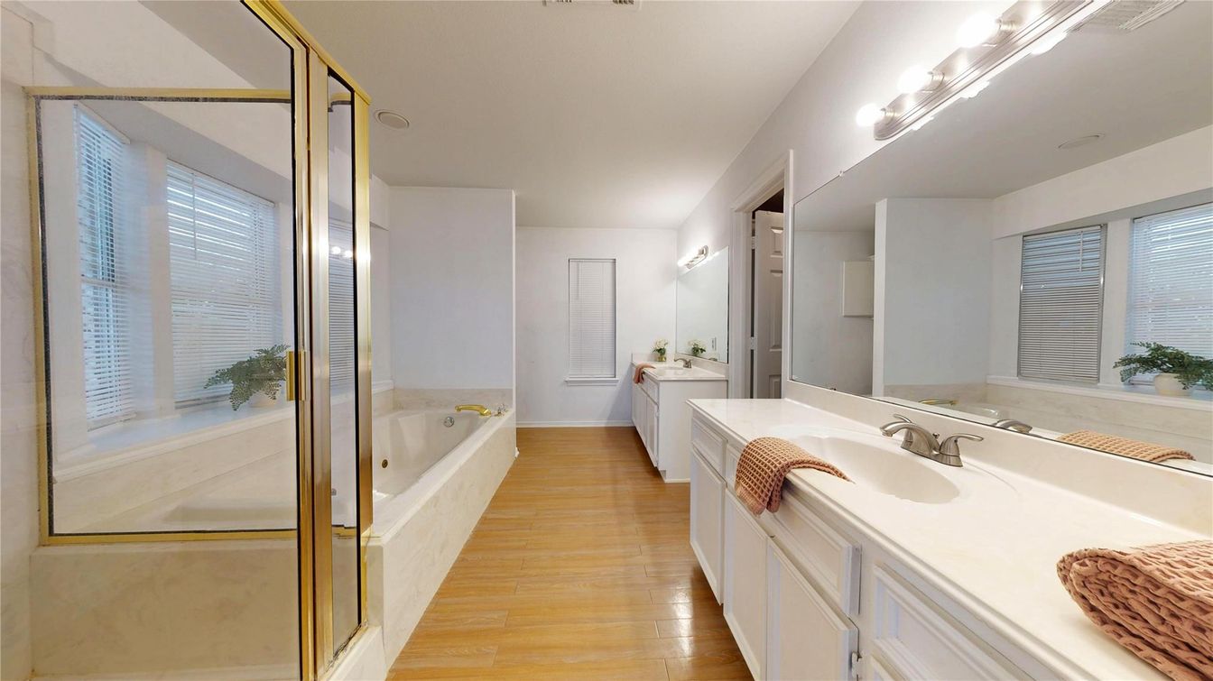 Bathroom, Dual Sink Vanities, Glass Shower, Interior, Wood Texture Flooring