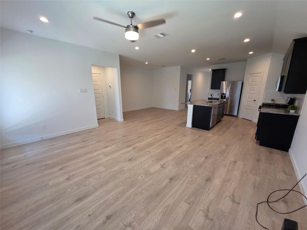 Empty room, Interior, Kitchen, Recessed Lighting, Wood Texture Flooring