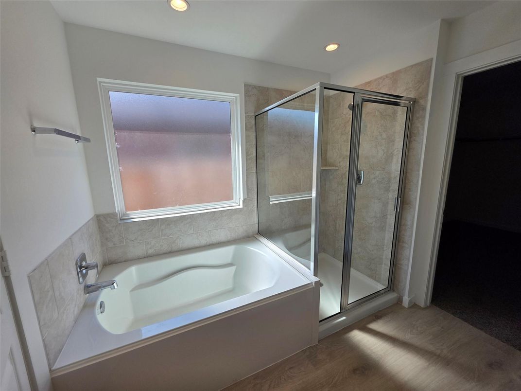 Bathroom, Glass Shower, Interior, Recessed Lighting, Wood Texture Flooring