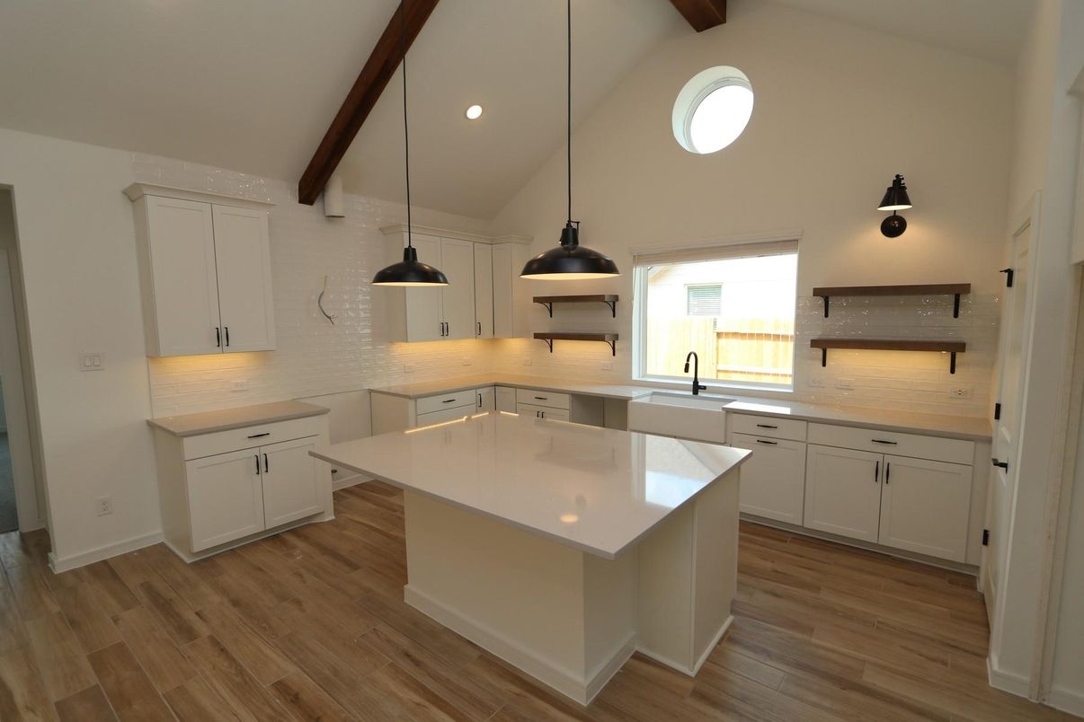 Interior, Kitchen, Pendant Lights, Recessed Lighting, Wooden Beams, Wood Texture Flooring