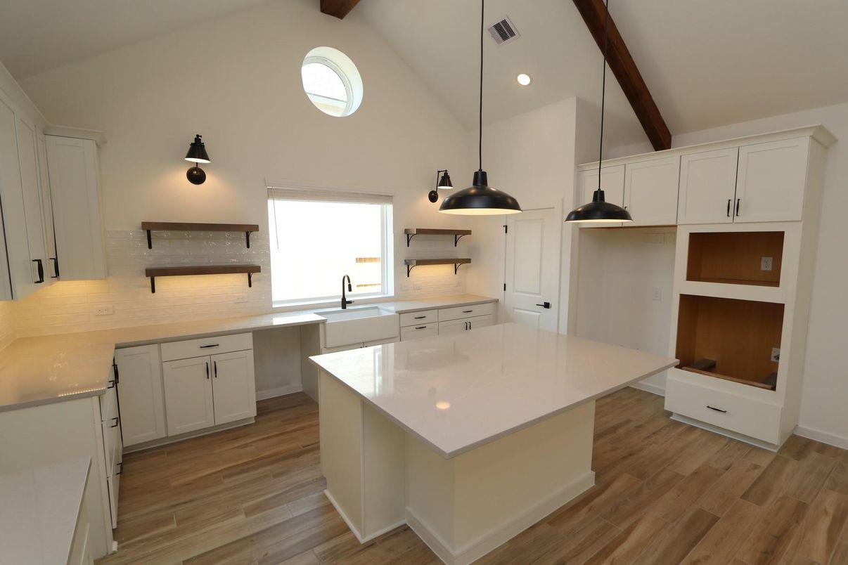 Interior, Kitchen, Pendant Lights, Recessed Lighting, Wooden Beams, Wood Texture Flooring