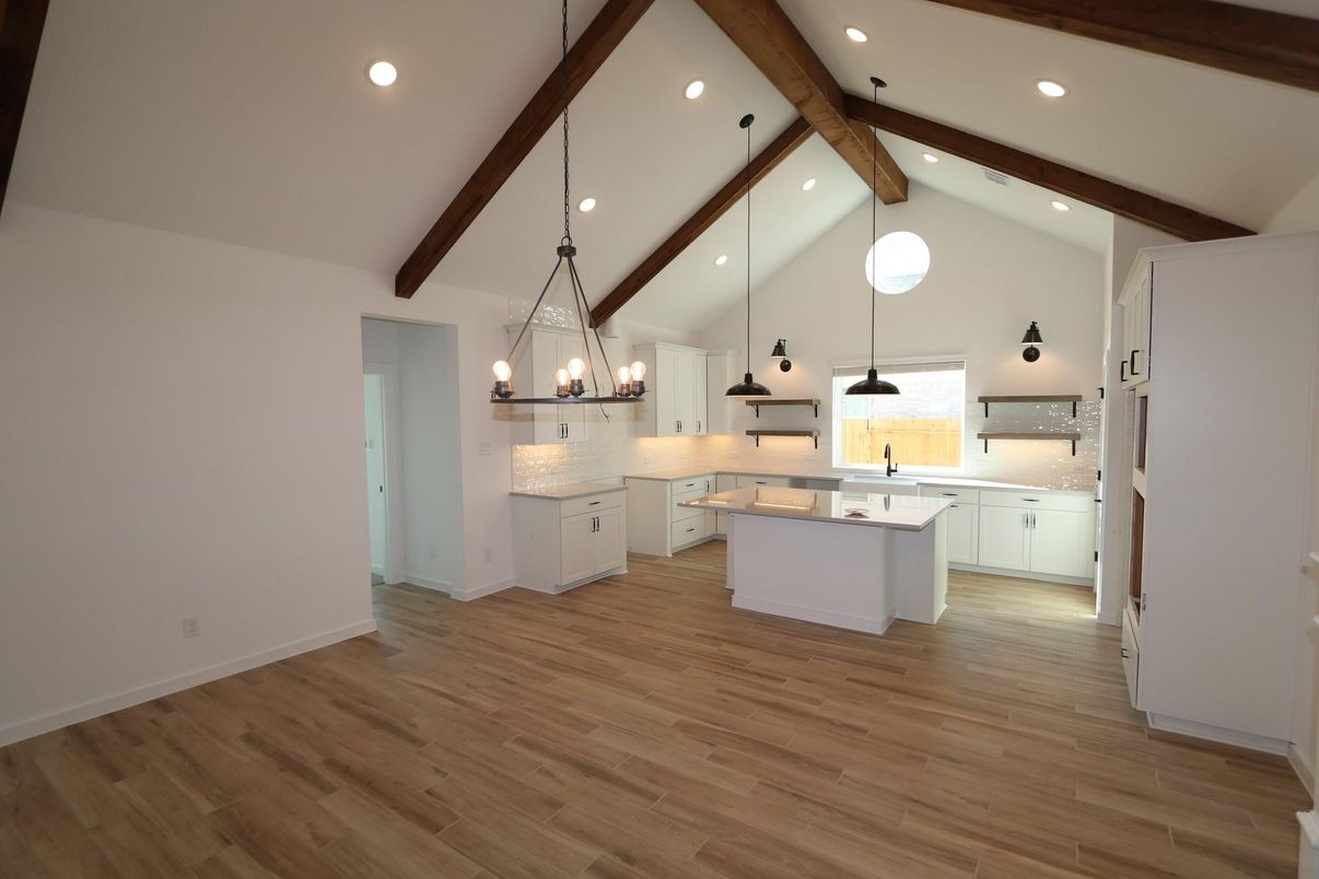 Chandelier, Interior, Kitchen, Pendant Lights, Recessed Lighting, Wooden Beams, Wood Texture Flooring