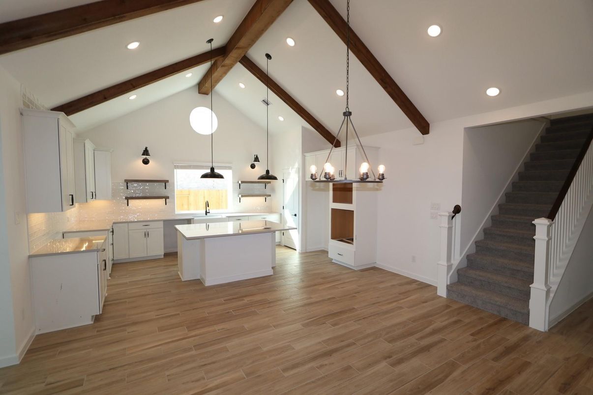 Interior, Kitchen, Pendant Lights, Recessed Lighting, Wooden Beams, Wood Texture Flooring