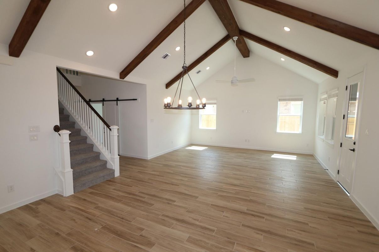 Chandelier, Empty room, Interior, Pendant Lights, Recessed Lighting, Wooden Beams, Wood Texture Flooring