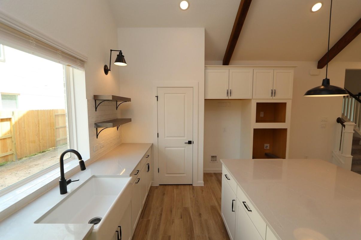 Interior, Kitchen, Pendant Lights, Recessed Lighting, Wooden Beams, Wood Texture Flooring
