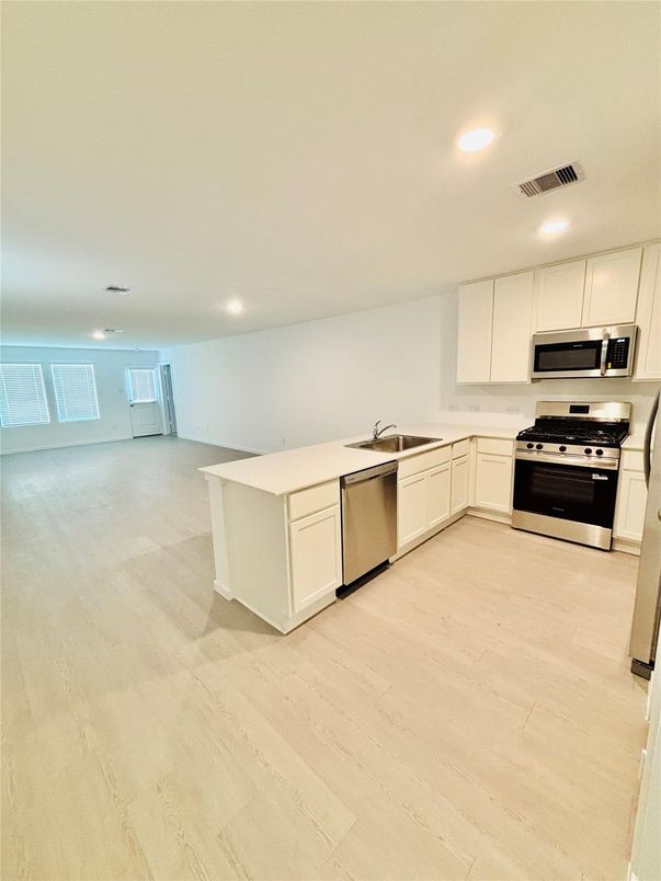 Interior, Kitchen, Recessed Lighting, Stainless Steel Appliances, Wood Texture Flooring