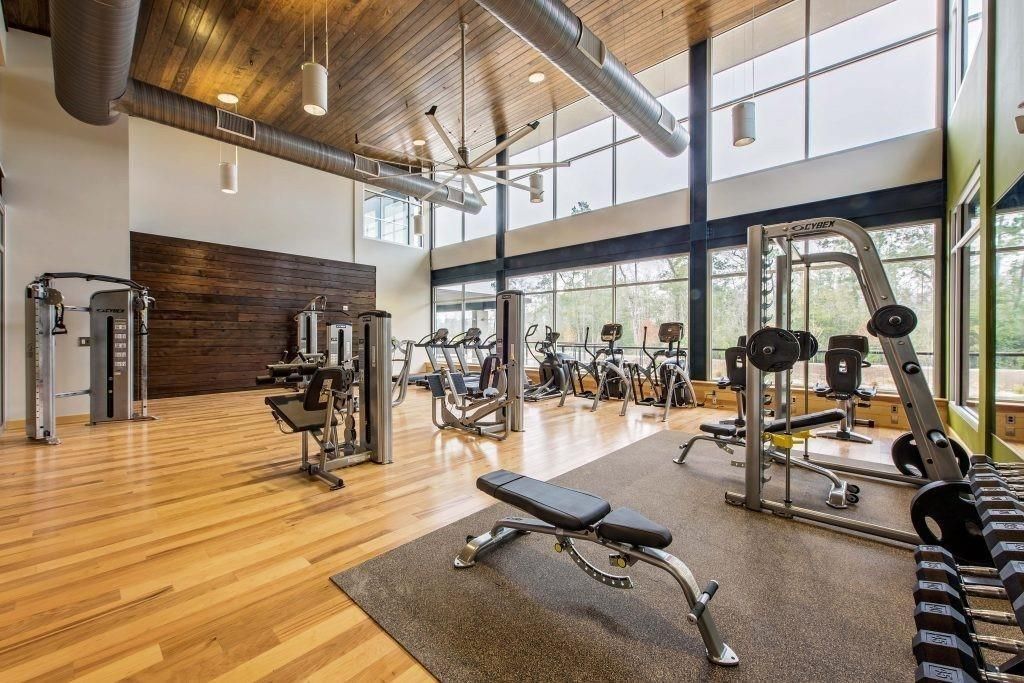 Fitness Equipment, Gym, Interior, Pendant Lights, Wood Texture Flooring, Wooden Walls