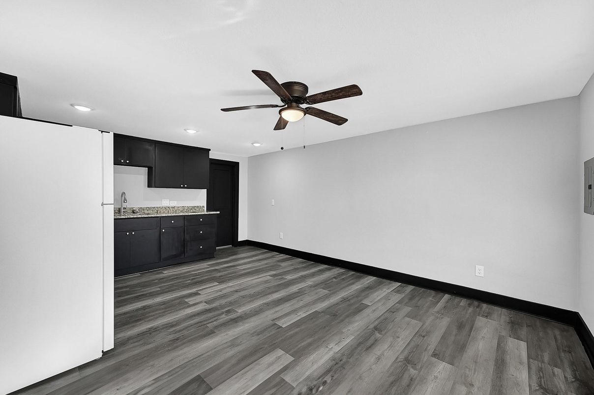 Empty room, Interior, Kitchen, Recessed Lighting, Wood Texture Flooring