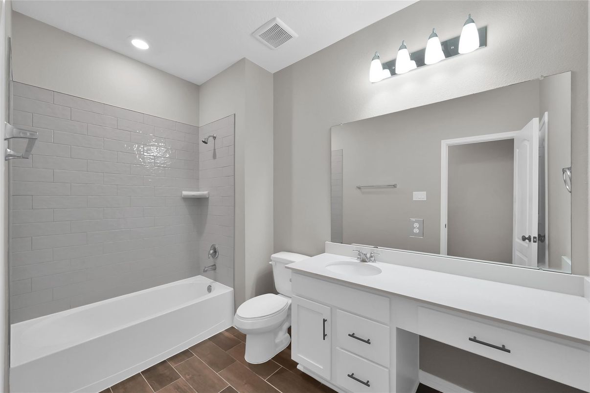 Bathroom, Dual Sink Vanities, Interior, Recessed Lighting, Wood Texture Flooring
