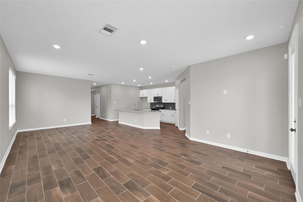 Empty room, Interior, Kitchen, Recessed Lighting, Wood Texture Flooring