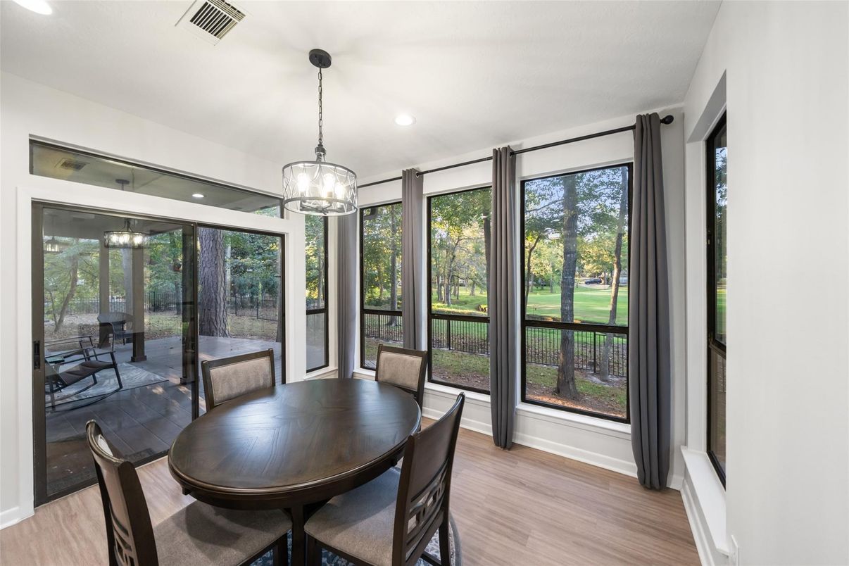 Dining room, Interior, Pendant Lights, Recessed Lighting, Wood Texture Flooring