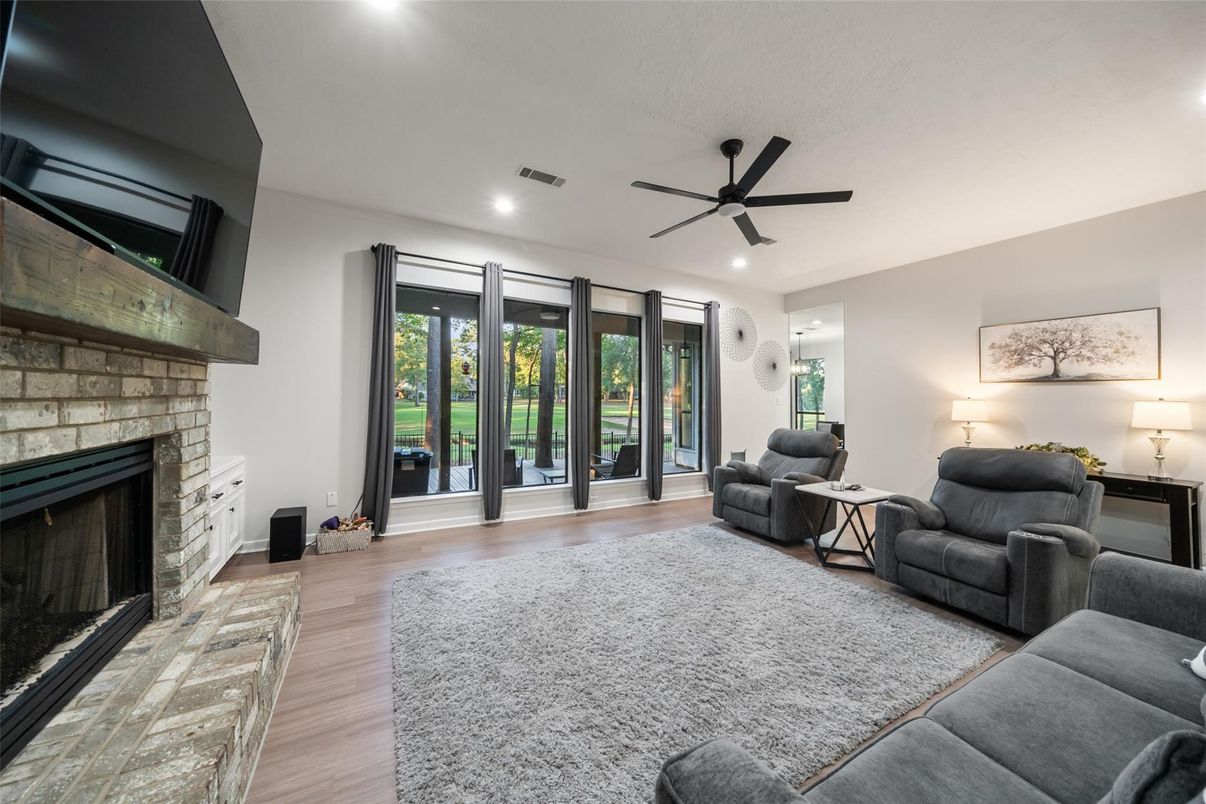 Fireplace, Interior, Living room, Recessed Lighting, Wood Texture Flooring