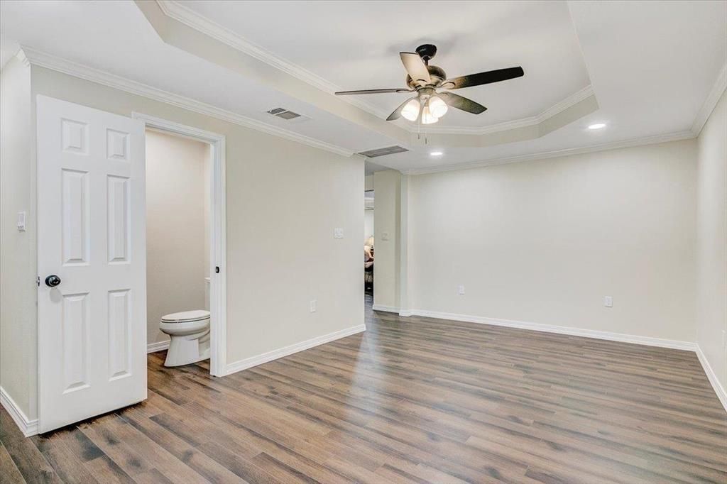 Bathroom, Empty room, Interior, Recessed Lighting, Wood Texture Flooring
