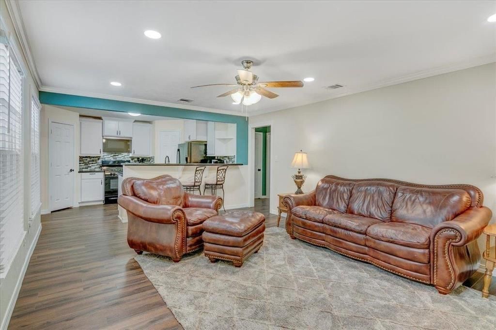 Interior, Kitchen, Living room, Recessed Lighting, Stainless Steel Appliances, Wood Texture Flooring