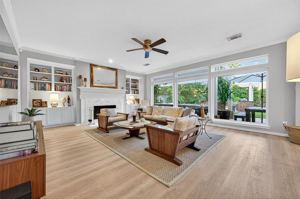 Fireplace, Interior, Living room, Recessed Lighting, Wood Texture Flooring