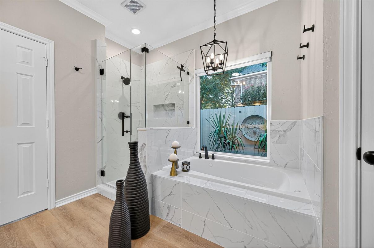 Bathroom, Glass Shower, Interior, Marble Walls, Pendant Lights, Recessed Lighting, Wood Texture Flooring