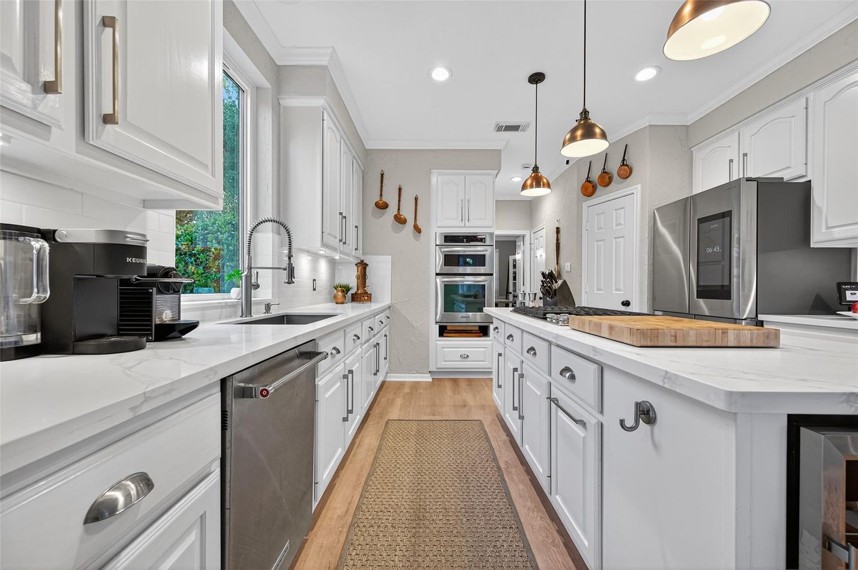 Interior, Kitchen, Pendant Lights, Recessed Lighting, Stainless Steel Appliances, Wood Texture Flooring