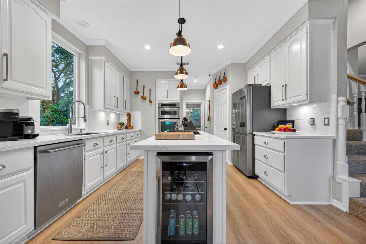 Interior, Kitchen, Pendant Lights, Recessed Lighting, Stainless Steel Appliances, Wood Texture Flooring