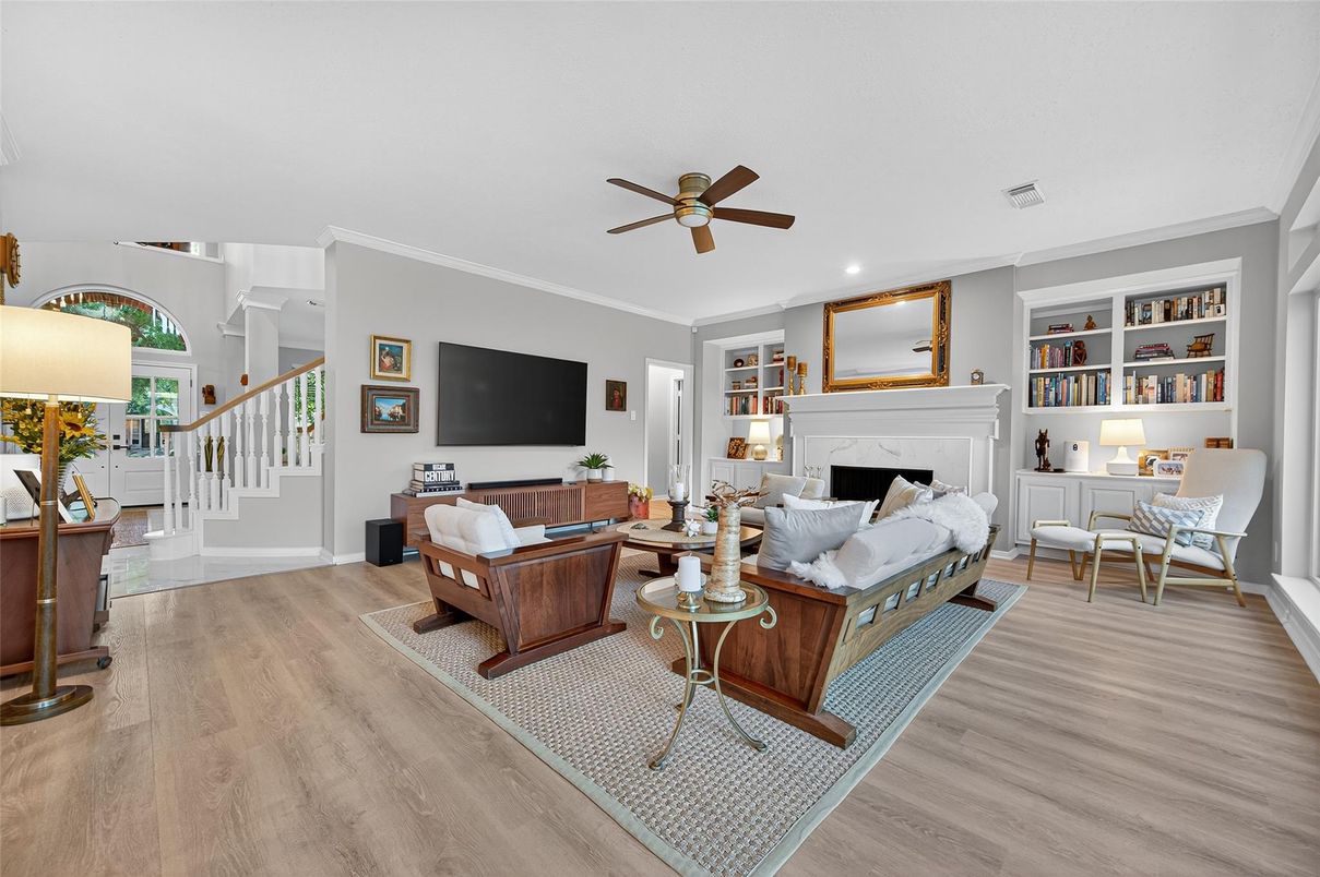 Fireplace, Interior, Living room, Recessed Lighting, Wood Texture Flooring