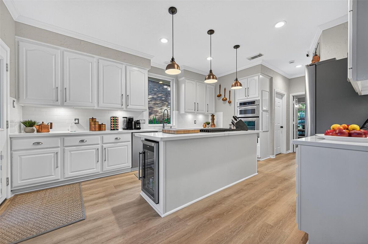 Interior, Kitchen, Pendant Lights, Recessed Lighting, Stainless Steel Appliances, Wood Texture Flooring