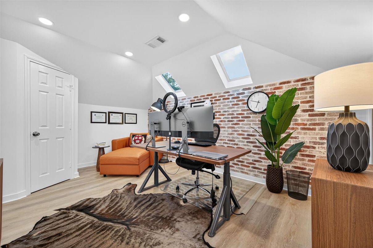 Home Office, Interior, Recessed Lighting, Stone Walls, Wood Texture Flooring