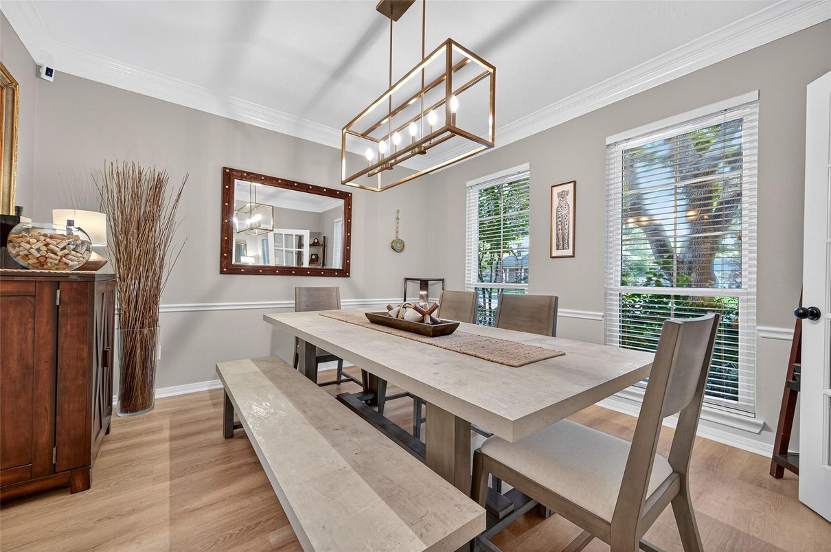 Dining room, Interior, Pendant Lights, Wood Texture Flooring