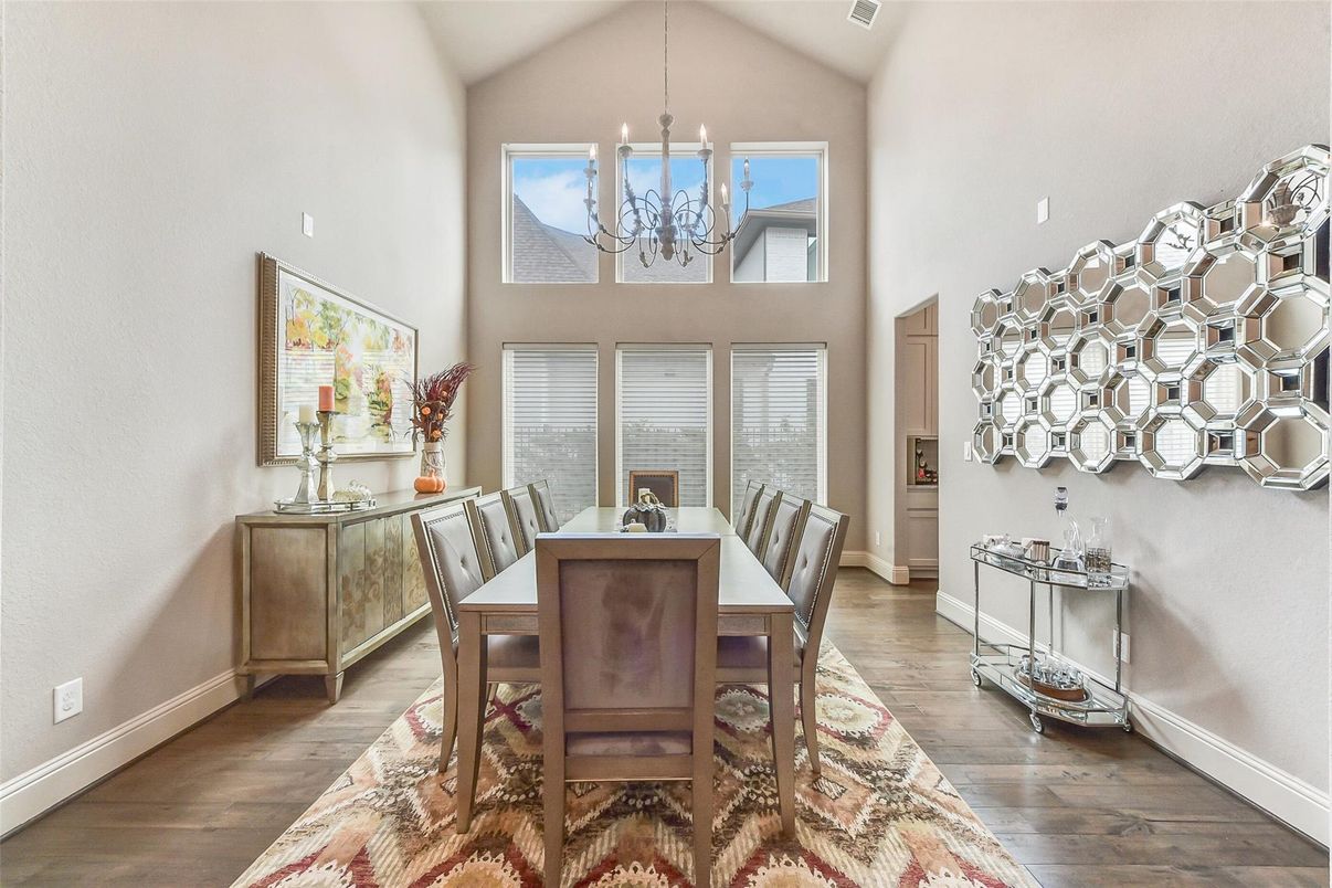 Chandelier, Dining room, Interior, Pendant Lights, Wood Texture Flooring