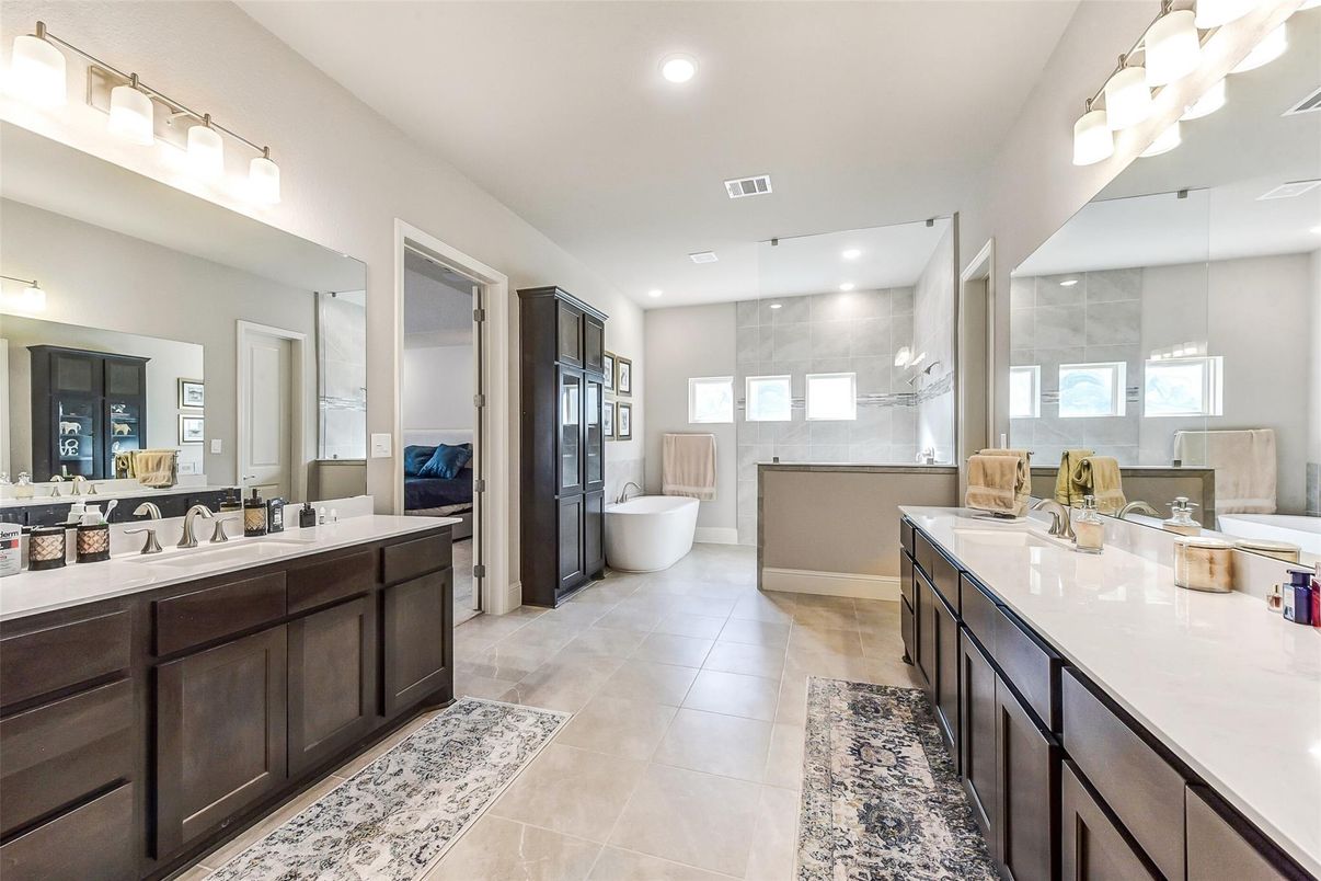Bathroom, Dual Sink Vanities, Free Standing Baths, Glass Shower, Interior, Recessed Lighting