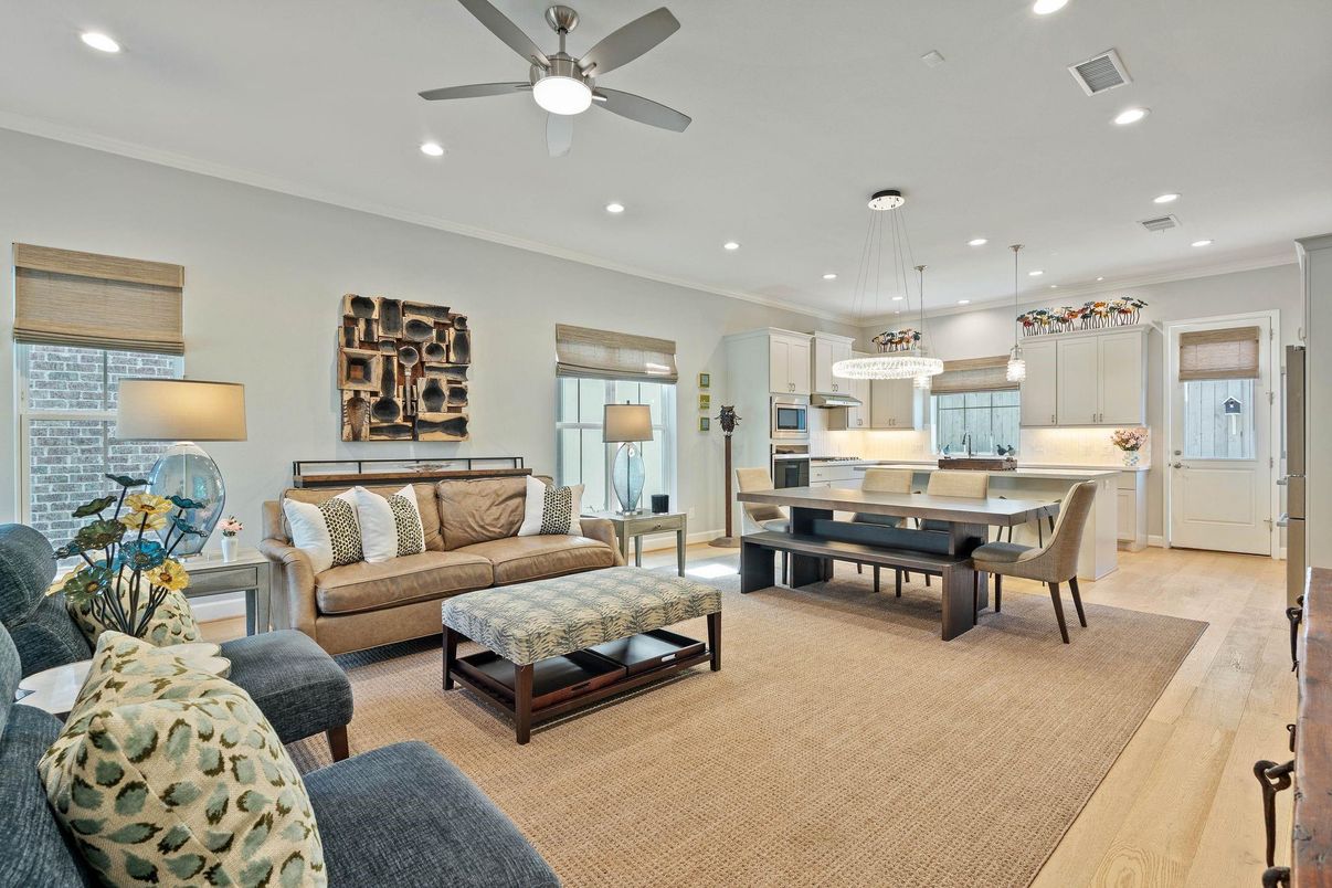 Dining room, Interior, Kitchen, Living room, Pendant Lights, Recessed Lighting, Stainless Steel Appliances, Wood Texture Flooring
