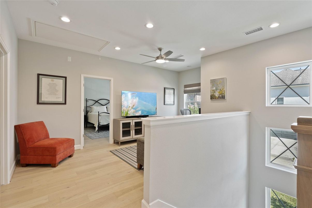 Bedroom, Interior, Recessed Lighting, Wood Texture Flooring