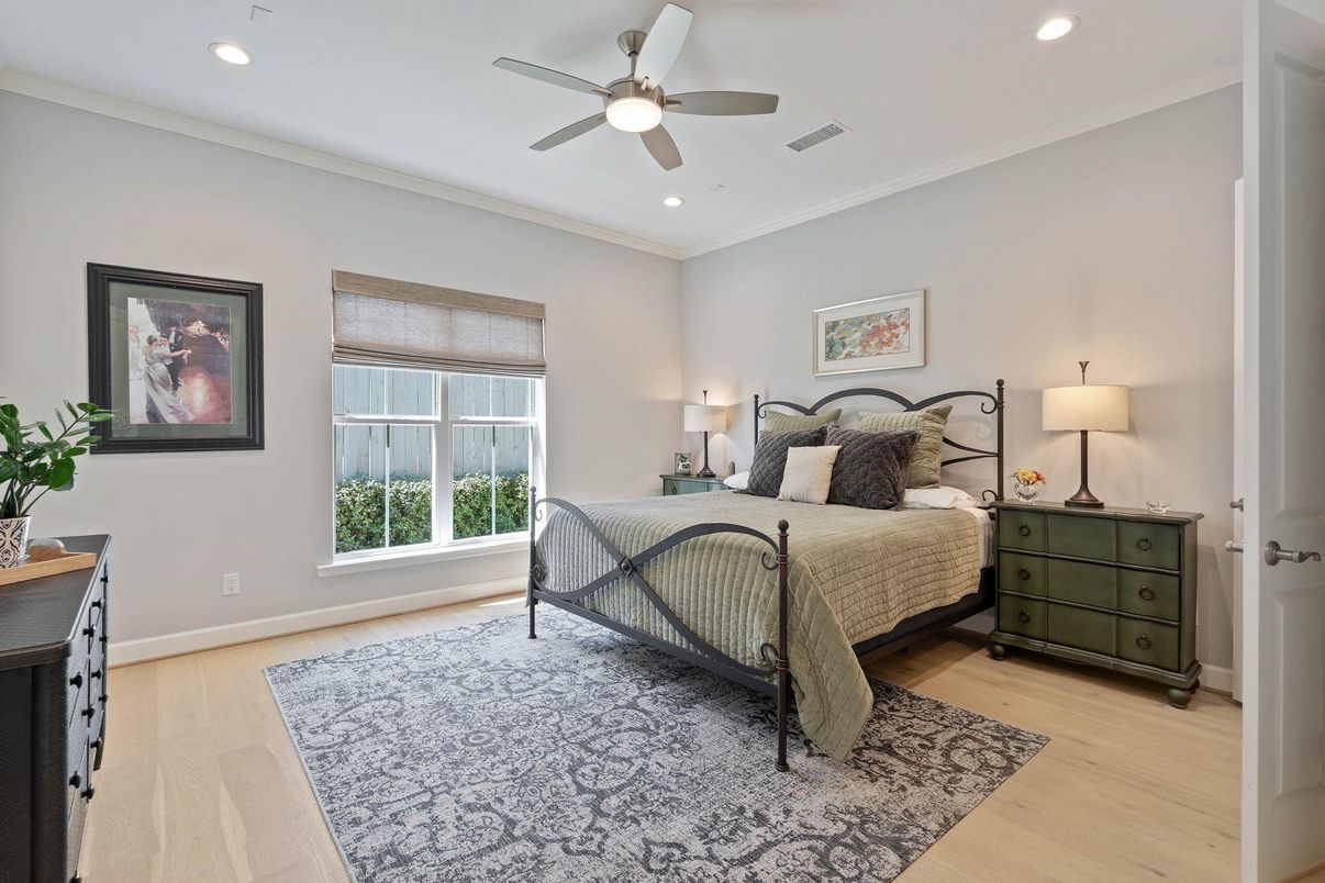 Bedroom, Interior, Recessed Lighting, Wood Texture Flooring