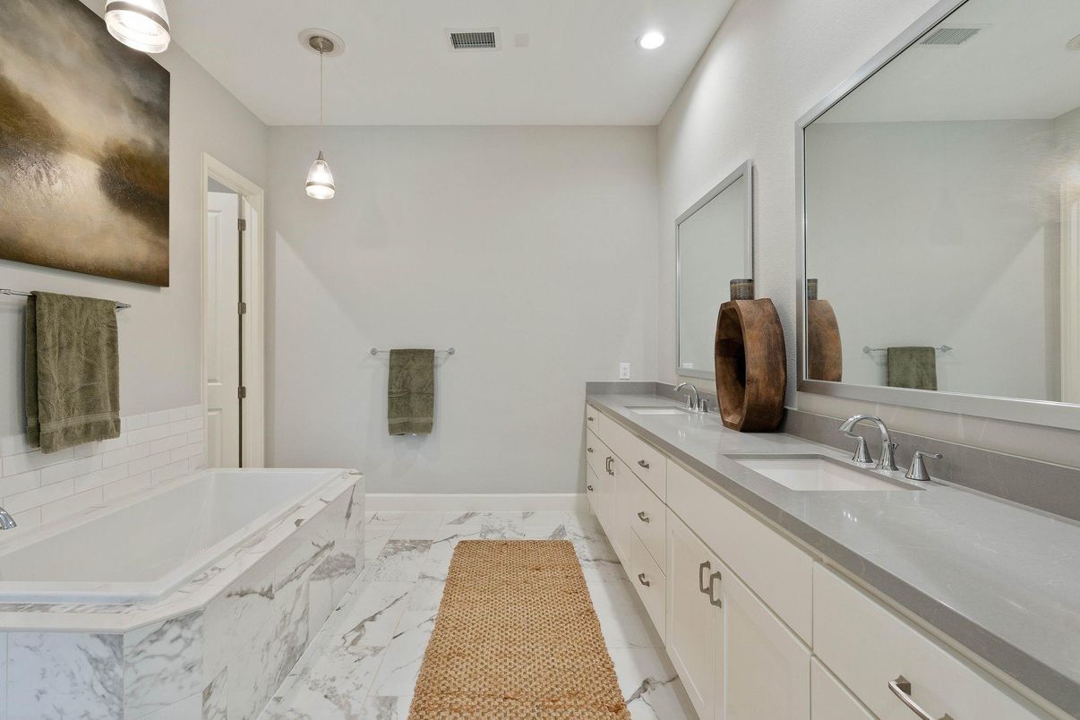 Bathroom, Dual Sink Vanities, Interior, Marble, Pendant Lights, Recessed Lighting