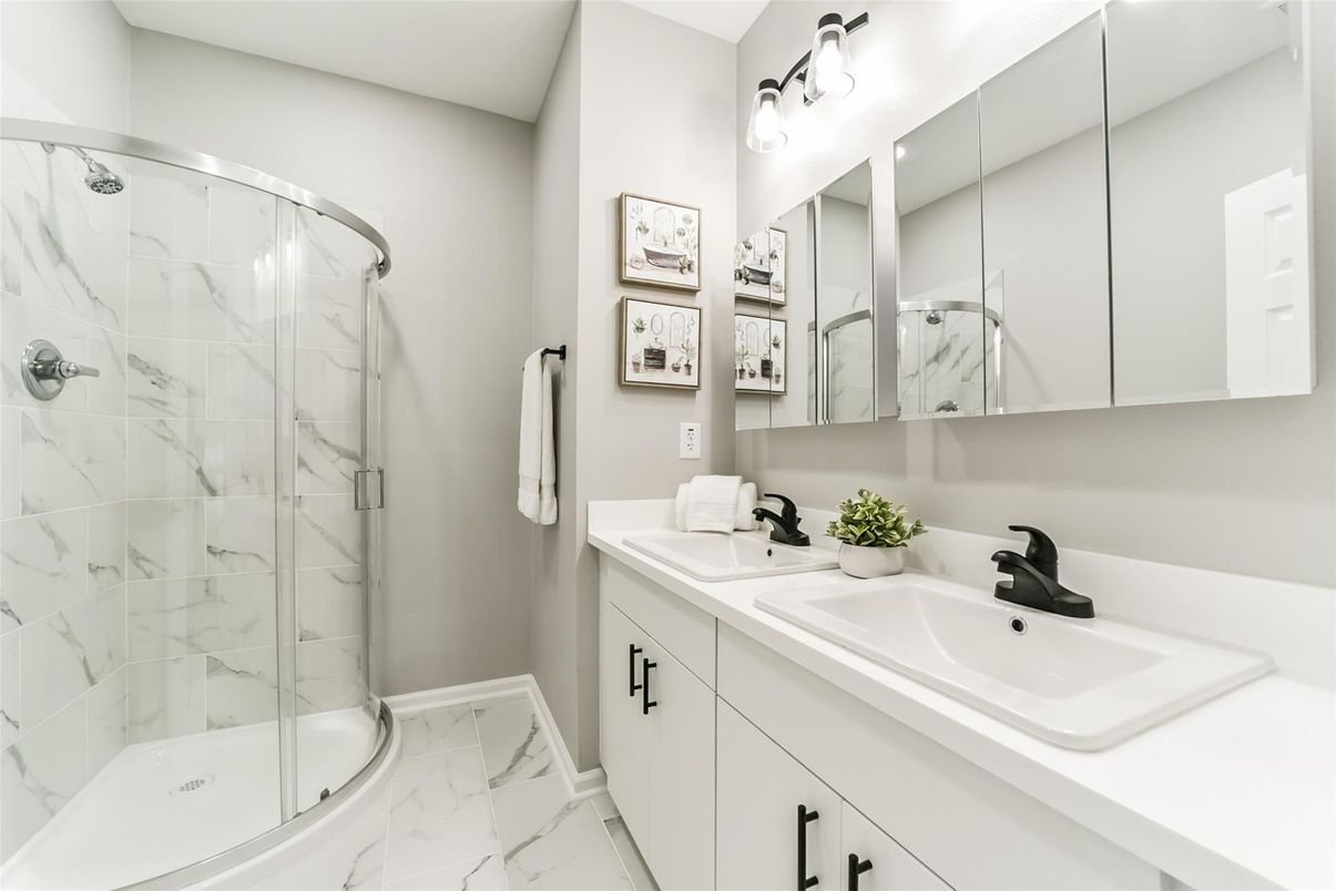 Bathroom, Dual Sink Vanities, Glass Shower, Interior, Marble, Marble Walls