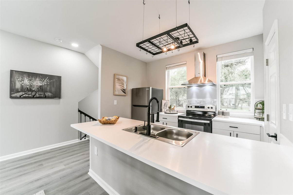 Interior, Kitchen, Pendant Lights, Recessed Lighting, Stainless Steel Appliances, Wood Texture Flooring