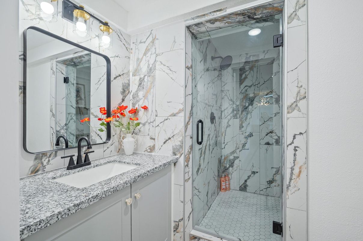 Bathroom, Glass Shower, Interior, Marble Walls, Recessed Lighting