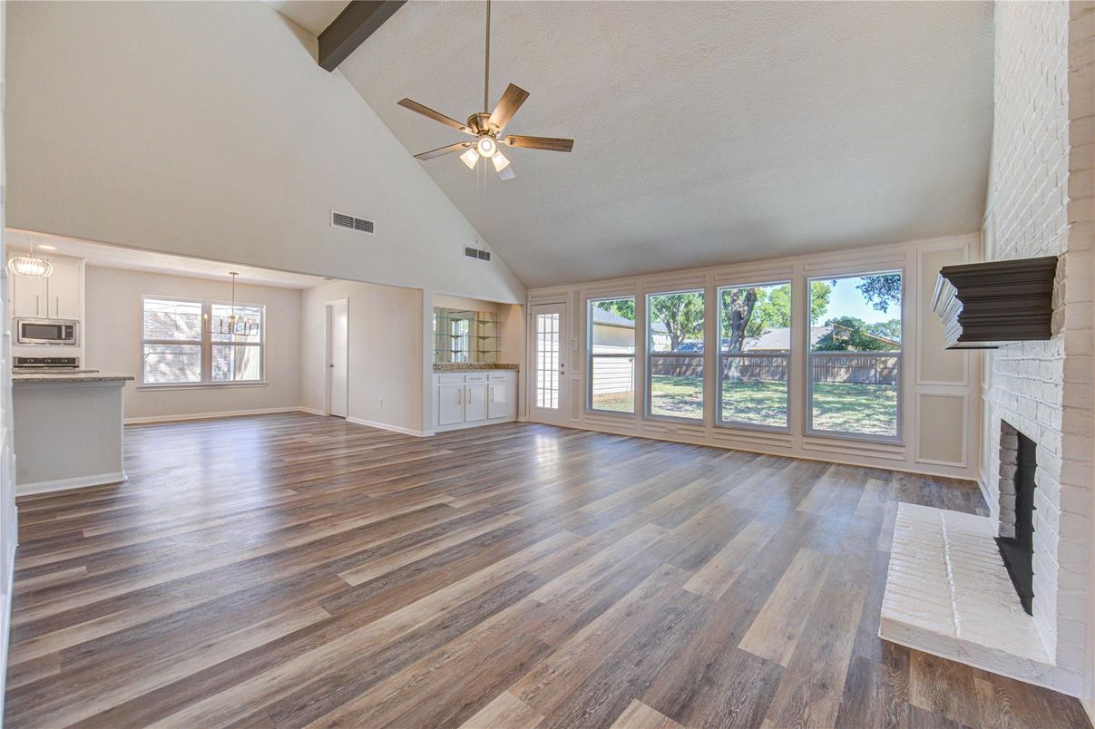 Empty room, Fireplace, Interior, Pendant Lights, Wood Texture Flooring
