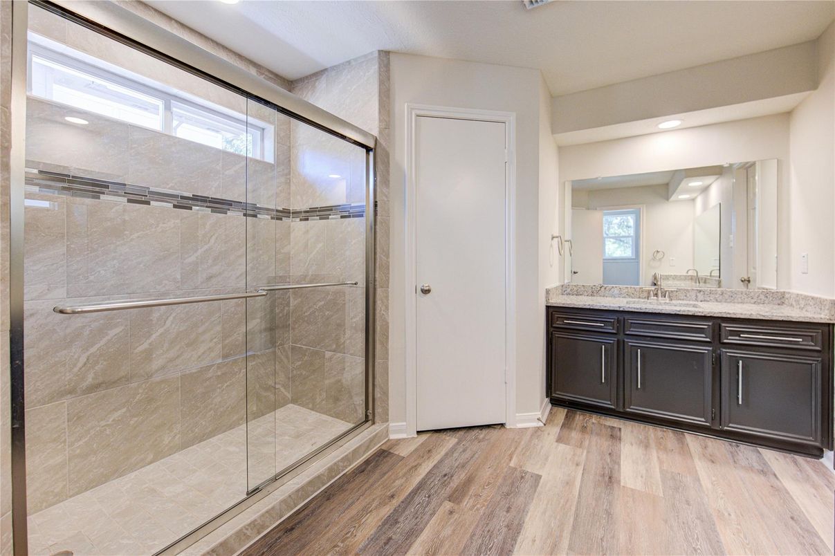 Bathroom, Glass Shower, Interior, Recessed Lighting, Wood Texture Flooring