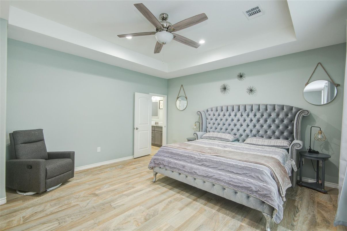 Bedroom, Interior, Recessed Lighting, Wood Texture Flooring