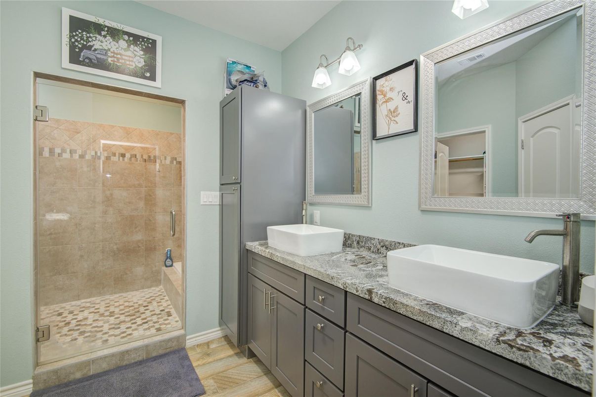 Bathroom, Dual Sink Vanities, Glass Shower, Interior, Wood Texture Flooring