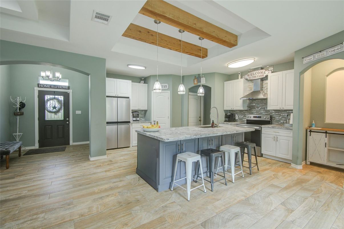 Interior, Kitchen, Pendant Lights, Recessed Lighting, Stainless Steel Appliances, Wooden Beams, Wood Texture Flooring