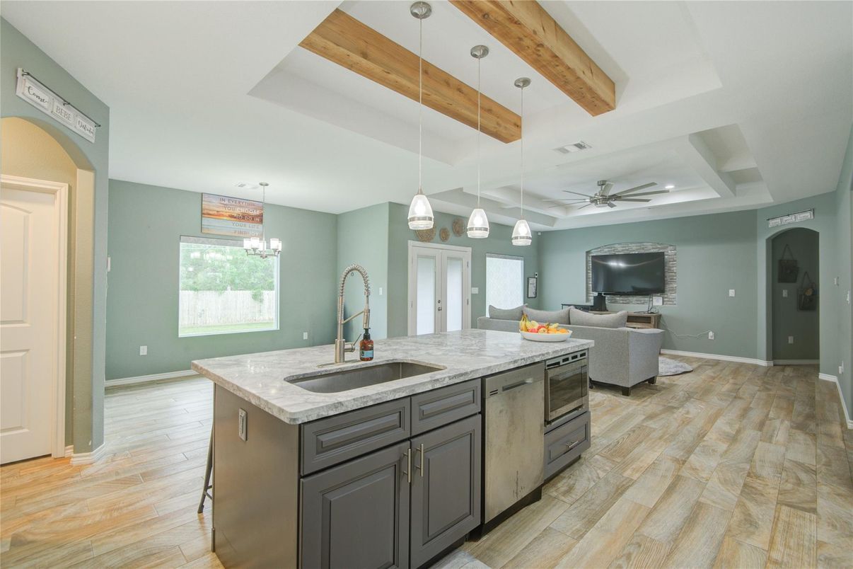 Chandelier, Interior, Kitchen, Living room, Pendant Lights, Recessed Lighting, Wooden Beams, Wood Texture Flooring
