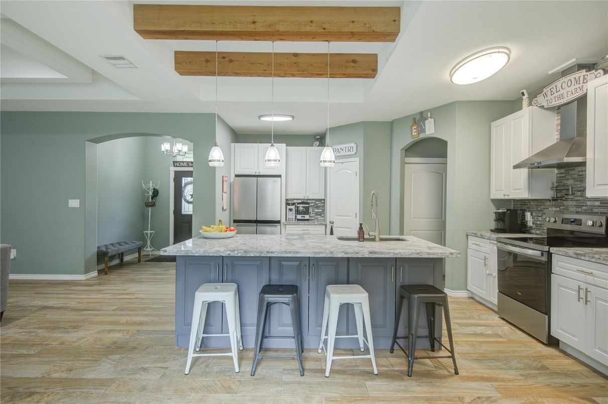 Interior, Kitchen, Pendant Lights, Recessed Lighting, Stainless Steel Appliances, Wooden Beams, Wood Texture Flooring